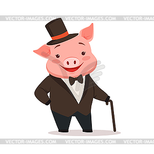 Cute happy pig dressed up in black tuxedo and hat - vector image