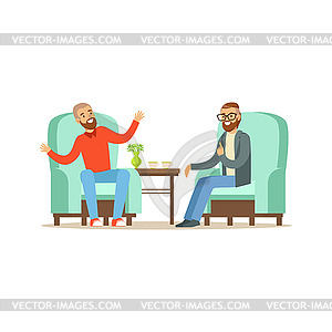 Smiling male patient character talking to - vector image