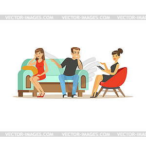 Несчастные персонажи семейной пары разговаривают с женщиной - векторный рисунок