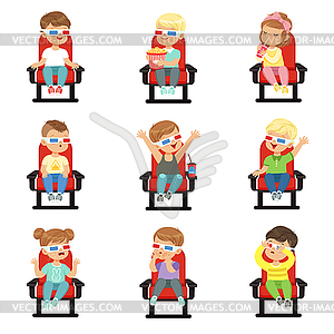 Set of cute little kids in 3D-glasses - vector clipart