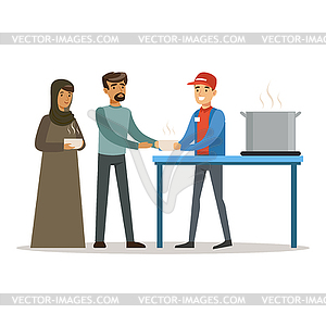 Stateless refugee family at food donation center, - vector clipart