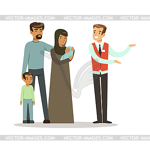 Stateless refugee family talking with volunteer - vector clipart