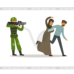 Stateless refugee family couple escaping of war - vector clipart