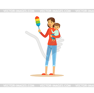 Super mom character with child, cleaning dust - vector clipart / vector image