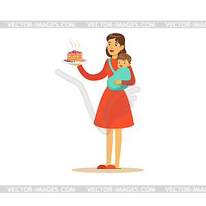 Super mom character with child, holding cake - vector image