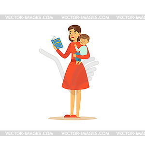 Super mom character with child, reading book - vector clipart