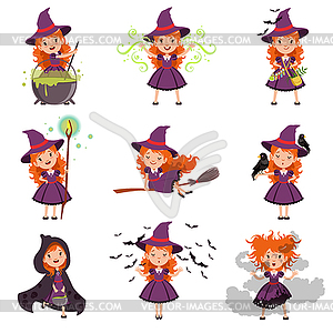 Little girl witch set wearing purple dress and hat - vector image