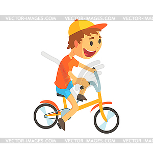 Funny little boy in yellow baseball cap riding - vector clipart