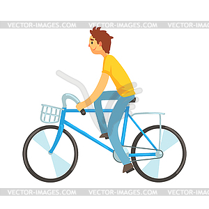 Взрослый мужчина верхом на велосипеде с передней корзиной - клипарт в векторном формате