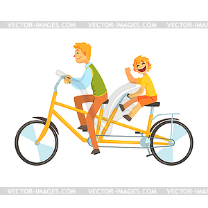 Отец и дочь катаются на тандемном велосипеде - векторный клипарт EPS