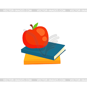 Two books and red apple cartoon - vector clip art