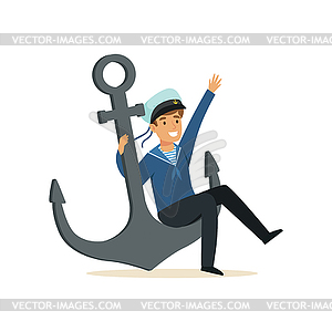 Sailor man character in blue uniform sitting on - vector image