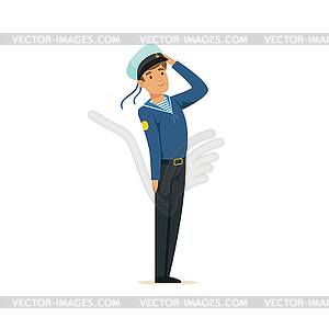 Sailor man character in blue uniform saluting - vector image