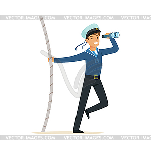 Sailor man character in blue uniform looking throug - vector clip art