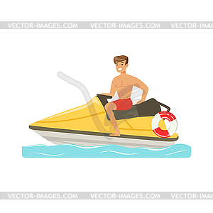 Male lifeguard in red shorts driving by water - vector image