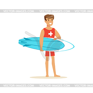 Мужской спасатель в красных шортах с доской для серфинга, - векторный рисунок