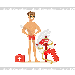 Male lifeguard in red shorts with equipment on - vector image