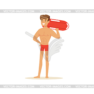 Male lifeguard in red shorts standing with life - vector image