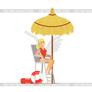 Female lifeguard in red swimsuit watching - vector clipart