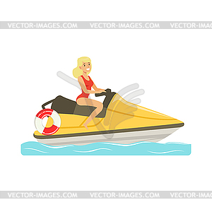 Female lifeguard in red swimsuit driving by water - vector clip art