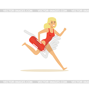 Female lifeguard in red swimsuit running with life - vector clipart