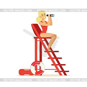 Lifeguard girl in red swimsuit sitting on lookout - vector clip art