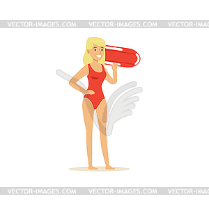 Female lifeguard in red swimsuit standing with - vector clipart