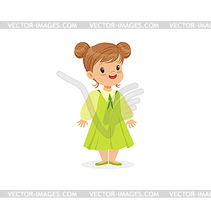 Beautiful little girl posing in green dress, young - vector clipart
