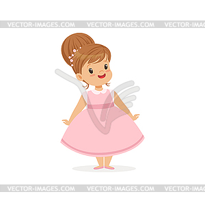 Beautiful little girl posing in pink dress, young - vector image