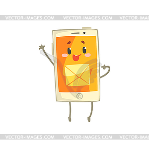 Cute smiling smartphone character with mail sign - vector image