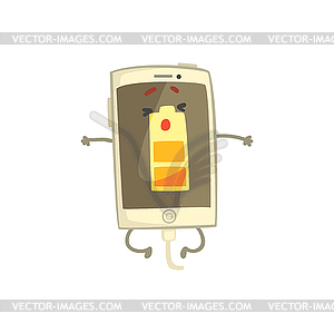 Cute smiling smartphone character with battery - vector clipart