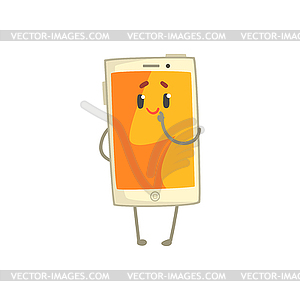 Cute smiling smartphone character with an orange - vector image