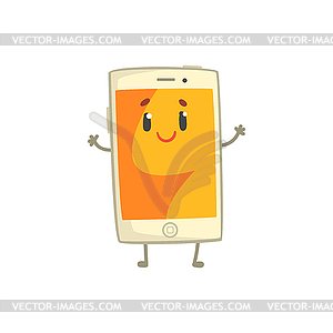 Cute smiling smartphone character with an orange - vector image