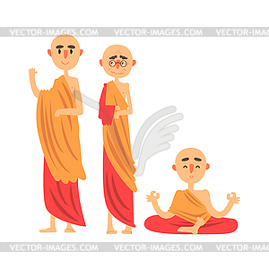 Three Buddhist monks in orange clothes and in - vector clip art