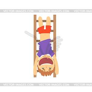 Sportive boy hanging upside down on ladder, kids - vector clipart