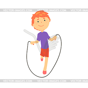 Sportive boy jumping with rope, kids physical - vector image