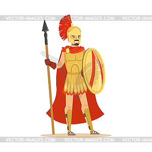 Spartan warrior character in armor and red cape wit - vector image