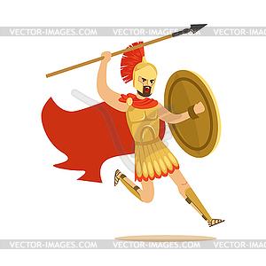 Spartan warrior character in armor and red cape - vector image