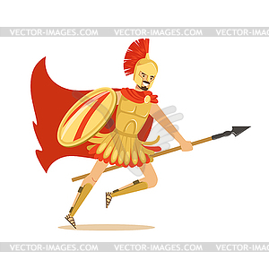 Spartan warrior character in golden armor and red - vector image