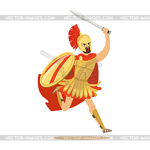 Spartan warrior character in armor and red cape - vector clipart