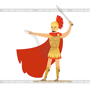 Spartan warrior character in golden armor and red - vector image