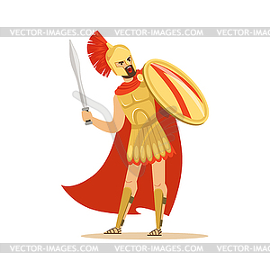 Spartan warrior character in golden armor and red - vector clip art