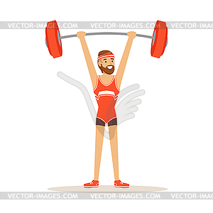 Male athlete character holding barbell on raised - vector image