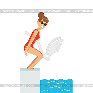 Female swimmer jumping in swimming pool, active - stock vector clipart