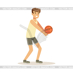 Male athlete character playing volleyball, active - vector clip art