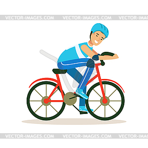 Male cyclist character riding bicycle, active - royalty-free vector image