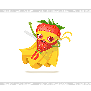 Cartoon character of superhero strawberry flying up - vector image