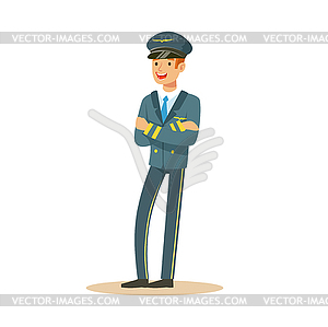 Smiling airline pilot character in blue uniform - vector clipart