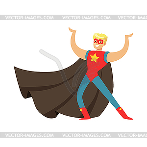 Male superhero in cape posing and showing muscles - vector clipart