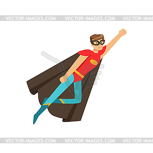 Male superhero in classic comics costume in flying - vector image